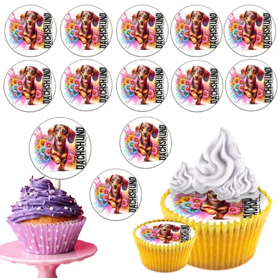 Zdjęcie produktu dla Opłatek Na Babeczki Muffinki Zestaw Na Urodziny 12Szt - Pies Rasa Jamnik