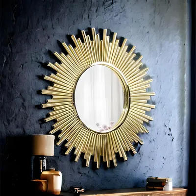 Image de Miroir mural décoratif en forme de soleil avec cadre doré brillant