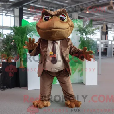 Obrázek produktu pro Postava REDBROKOLY maskota hnědé žáby oblečená s oblekem a chrániči nohou