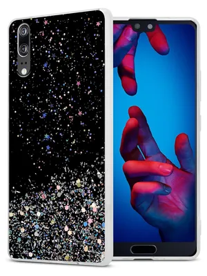 A smartphone case with a glittery, starry design is shown next to a smartphone displaying a marketing image of two hands reaching for each other.
