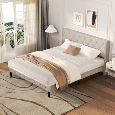 Image de Aiibot Lit Double 140x200 cm avec Sommier Pieds, Tête de Lit Rembourrée, hauteur 30 cm, Supporte Jusqu'à 380 kg