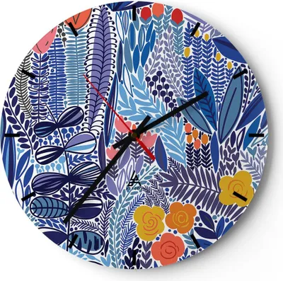 Produktbild von Wanduhr - Rund - Glasuhr - Blumen Blätter Illustration Tropen - 30x30cm - Schleichendes Uhrwerk - Lautlos - zum Aufhängen bereit - Dekoration Modern - Wanddekoration aus Glas - C3AR30x30-2944