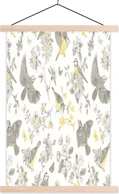 Produktbild von MuchoWow® Textilposter Blumen - Vogel - Blätter 40x60 cm mit holzfarbenen Rahmen - Poster
