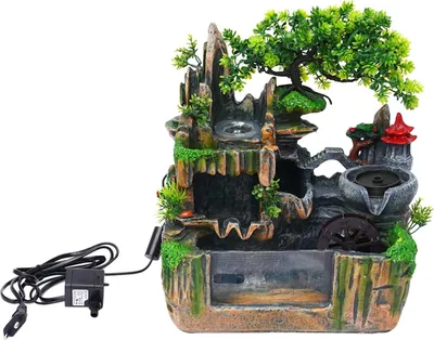 Produktbild von Deko-Felsenbrunnen - Indoor Zimmerbrunnen - LED-Beleuchtung mit Nebeleffekt - Harz mit Glaskugel und Acryl-Fischbecken - 30x18x33 cm - 220V