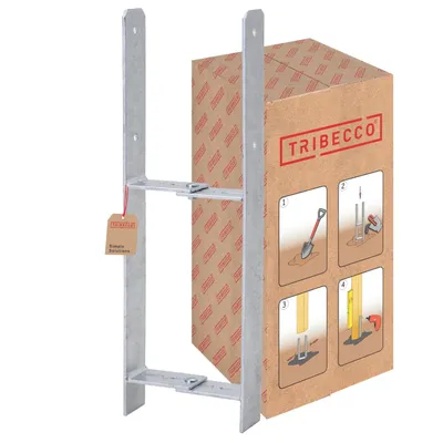 A metal post anchor and its cardboard packaging are shown against a white background.