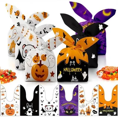 Immagine prodotto di Set Azomor® con 120 sacchetti riutilizzabili per dolcetti di Halloween con motivi unici e orecchie da coniglio