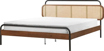 Produktbild von BELIANI Holzbett Dunkelbraun u. Schwarz aus Gummibaumholz Metall 160 x 200 cm mit Wiener Geflecht Kopfteil Lattenrost Modernes Design für Schlafzimmer