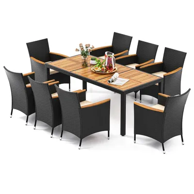 Produktbild von COSTWAY 9 tlg. Gartenmöbel Set Polyrattan, Essset für 8 Personen, Gartentisch Holz mit Schirmloch, Gartengarnitur Essgruppe Sitzgruppe Braun