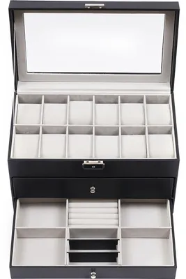 Produktbild von 3 Schichten Schmuckkästchen 12-Gitter-Uhrenkoffer 6-Gitter-Brillen-Aufbewahrungsbox mit Metallschloss Uhrenbox Schaukasten Jewerly Organizer Geschenk für Valentinstag Muttertag Weihnachten (Schwarz)