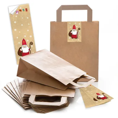 Produktbild von 10 braun Papiertüte Nikolaustüte Geschenk-tüte Weihnachtstüte 18 x 8 x 22 cm kleine Papiertasche + Weihnachtsaufkleber NIKOLAUS SANTA rot natur Geschenktasche Weihnachten Verpackung50 Stück