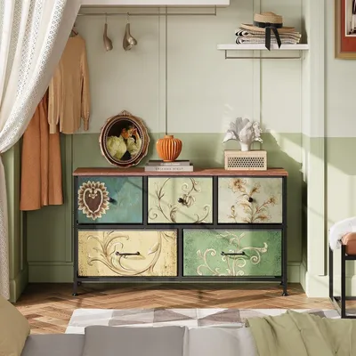 Immagine prodotto di Comò con cassetti rivestiti in tessuto (7 cassetti), motivo decorativo sul retro, piano in legno e struttura in metallo