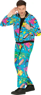 Produktbild von Kultiger Retro Trainingsanzug 80s 90s Neon Farben Karneval Outfit Streetwear Festival Kostüm Bunter Jogger Farbexplosion, Größe: 52 - 54 (L) Farbe: Mehrfarbig