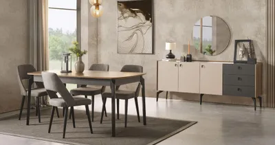 Produktbild von Luxus Esszimmer Set Esstisch 4x Stühle Sideboard mit Spiegel Neu Set
