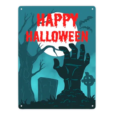 Produktbild von Happy Halloween Friedhof Metallschild XXL in 28x38 cm mit Zombiehand