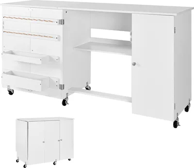 Image de SucceBuy Table de couture avec roues, cadre en bois, tablettes et porte magn?tique šC Table polyvalente pour les machines ? coudre, les travaux de bricolage et comme table d'appoint, pouvant supporter jusqu' ? 40 kg, blanche
