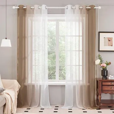 Produktbild von Famanu Voile-Gardinen Transparente Balkongardinen mit Ösen - Braun, 245 x 140 cm, Set von 2