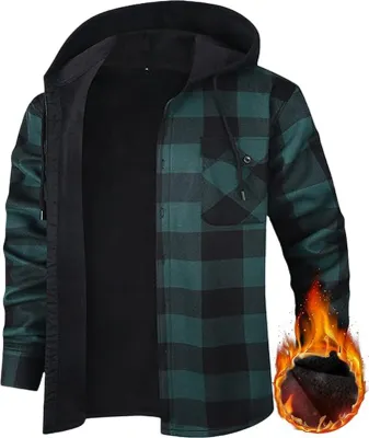 Immagine prodotto di Camicia da uomo in flanella con cappuccio - Foderata, Camicia casual a quadri per l'autunno e l'inverno, Maniche lunghe, Taglie grandi, Confortevole camicia termica