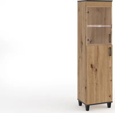A tall, narrow cabinet with a glass door on top and a solid door on the bottom, set against a white background.