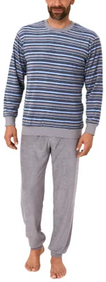 Produktbild von Eleganter Herren Frottee Pyjama langarm mit Bündchen in Streifenoptik - 291 101 13 576 ; grau/blau , 48