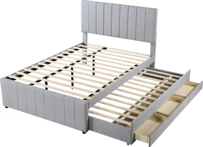 Produktbild von Polsterbett 140 x 200 cm(Ohne Matratze) Einzelbett Kinderbett Jugendbett Gästebett Mit Rollbett und Stauraumschubladen Leinenstoff Grau