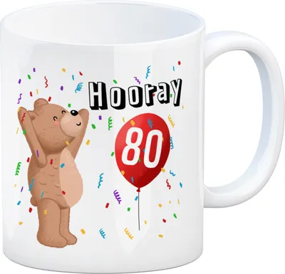 Produktbild von Witziger Kaffeebecher für den 80. Geburtstag mit Motiv: Hooray
