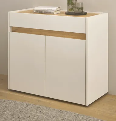 A white and wood-tone cabinet with two doors, placed on a wooden floor with a rug in front.