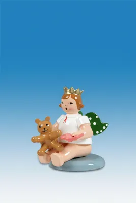 Produktbild von Holzfigur Engel mit Teddy und Krone sitzend Höhe 6cm NEU