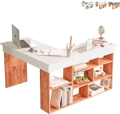 Produktbild von Eckschreibtisch mit Holzregal 120x120cm 5 Fachböden Arvada - Weiß - Eiche