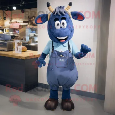 Productafbeelding van Blue Steak mascotte REDBROKOLY kostuum karakter gekleed met een overall en dasspelden
