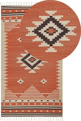 Produktbild von BELIANI Kelim-Teppich Orange Baumwolle 80 x 150 cm mit Fransen Geometrischem Muster Handgewebt Zweiseitig Läufer Modern Wohnzimmer Schlafzimmer