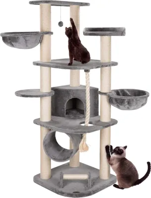 Produktbild von HAPPYPET Kratzbaum für Katzen groß 181 cm hoch - Stabiler Kletterbaum Katzenbaum, dicke Stämme mit 11 cm, Grau