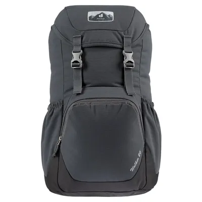 A front view of a dark gray backpack.
