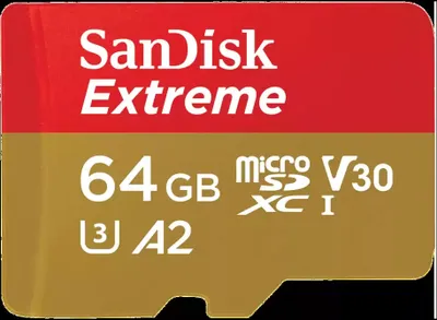 A close-up product shot of a SanDisk Extreme microSD card.