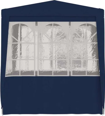 A dark blue party tent with clear windows.