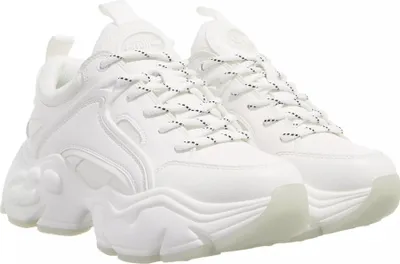 A pair of white Buffalo sneakers with thick soles and black and white laces, shown from a slightly elevated side angle against a white background.
