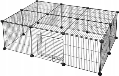 A black wire cage or enclosure for small animals, with a door on one side.