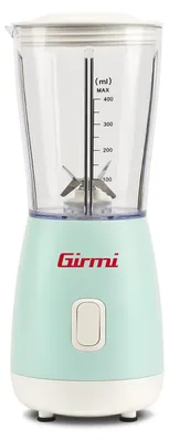 Zdjęcie produktu dla Girmi FR06, blender stojący, 170 W, kompaktowy mikser o pojemności 400 ml, wyposażony w 4 ostrza ze stali nierdzewnej, funkcją pulsacyjną, dzbankiem z podziałką, systemem zabezpieczeń, łatwy do czyszczenia, kolor turkusowy