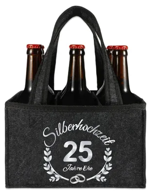 Immagine prodotto di Borsa in feltro per bottiglie, grigia, per 6 bottiglie, con decorazione "25 anni" e motivo floreale