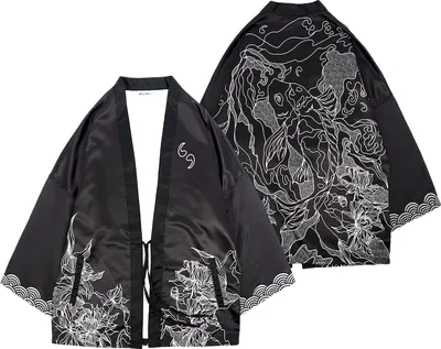 Produktbild von Kimono Jacke mit japanischem Koi Karpfen Motiv | traditioneller Japan Haori Umhang | mit asiatischem Motiv | Schwarz | Größe: S/M