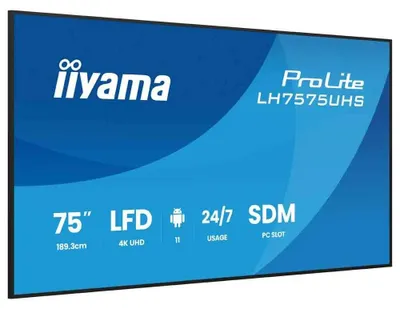 Zdjęcie produktu dla iiyama LH7575UHS-B2AG, Płaski panel Digital Signage, 190,5 cm (75"), LCD, 3840 x 2160 px, Wi-Fi, 24/7