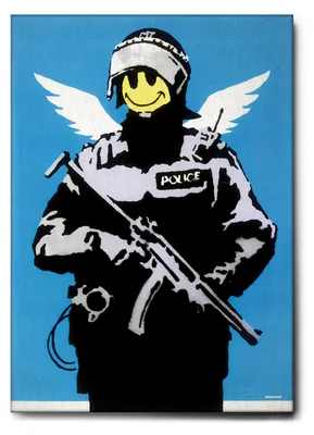 Zdjęcie produktu dla Giallobus - Latający policjant - Banksy - 100D x 140S cm - Obraz - Standaard frame canvas