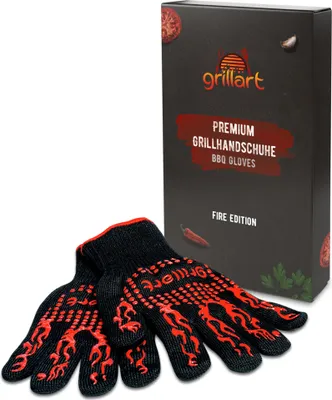 A pair of black and red grill gloves and their packaging.