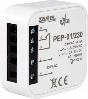 A white electronic relay device with labeling and connection terminals.