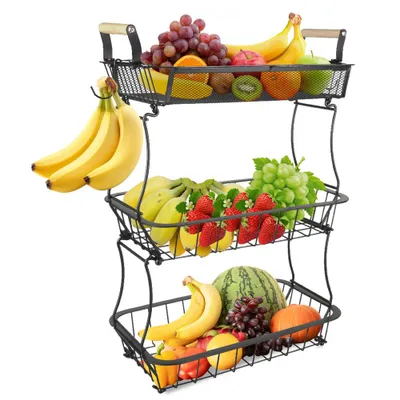 Produktbild von Obstkörbe 3-stufig Gemüsekorb Mit Bananenhaken für Obst Gemüse Snacks Schwarz