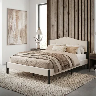 Immagine prodotto di Letto imbottito ML-Design 140x200 cm, beige, letto matrimoniale con solida struttura, testiera, rete a doghe e rivestimento in lino. Letto moderno per ragazzi.