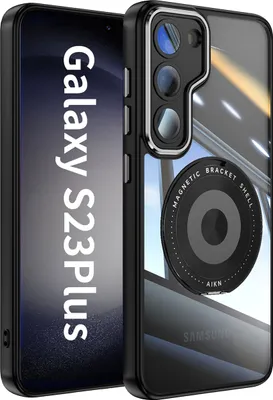 Produktbild von Handyhülle für Samsung Galaxy S23+ Transparent Militärschutz mit Magnetring Ständer und Kameraabdeckung Schwarz