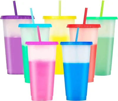 Produktbild von Kinderbecher 7er Pack 500ml Farbwechsel Becher Trinkbecher mit Strohhalm & Deckel