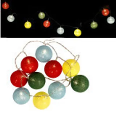 A string of colorful LED ball lights against a black background and a separate pile of the same lights on a white background.