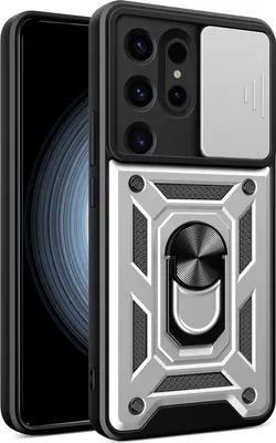 Produktbild von Galaxy S24 Ultra Hülle mit 360° Drehbarer Magnetische Ring Ständer Halter Dia Kameraschutz TPU Bumper Silikon Schutzhülle für Samsung Galaxy S24 Ultra Silber