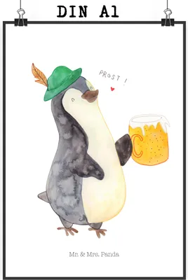 Produktbild von Mr. & Mrs. Panda Bild Pinguin Bier DIN A1 - Weiß - Geschenk, Beschwippst, Wanddekoration, wanddeko, Kunstdruck, Wandbild, drucke, , Pinguine